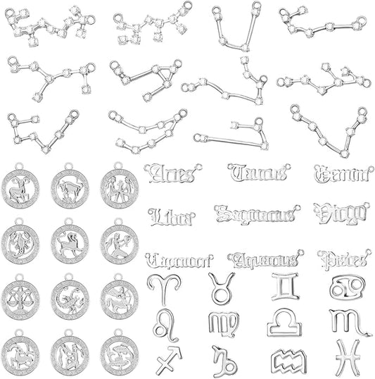 Hicarer 48 Pcs Zodiac Charms Bulk for Jewelry Necklace Bracelet Making, 4 Styles Symbol Name Diamond Alloy Zodiac Pendants Horoscope Sign with Cards