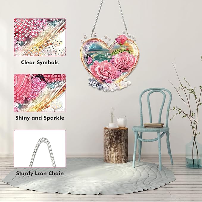 Miwixy Roses in Love Hanging Diamond Art Kits for Adults,Valentine Beach Special Shaped Crystal Diamond Painting Ornament Kit DIY Double-Sided Pattern Window Pendant Gem Art for Home Wall Decor