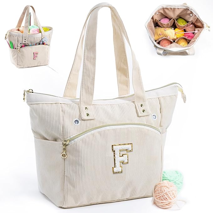 Initial Personalized Crochet Tote - Corduroy Yarn Storage - Holder for Crochet Hooks, Accessories, Project Bag