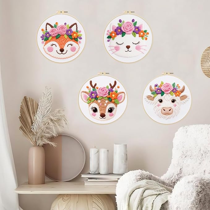 ORIGACH 6 Pack Animals & Floral Crown Embroidery Kits for Beginners, DIY Starter Hand Embroidery Kit with Floral and Dog Rabbit Fox Patterns and Instructions for Adults Women Crafting