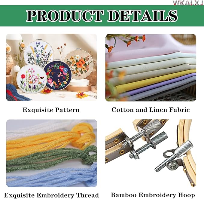 WKALXJ 4 Sets Embroidery Kits for Beginners Cross Stitch Kits Needlepoint Kits Crafts for Adults with Tools, Threads, Instructions, Needle Point Kits with Flower Stamped Patterns (Flowers A)