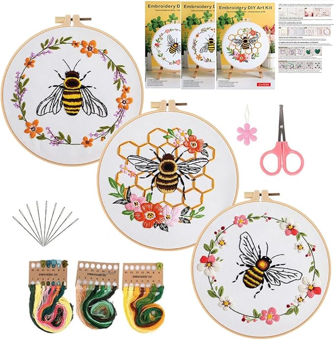 konrisa embroidery kits for adults beginner, european style bees collect honey stamped embroidery starter kit,diy sewing practice, needlepoint cross stitch kit,set of 3