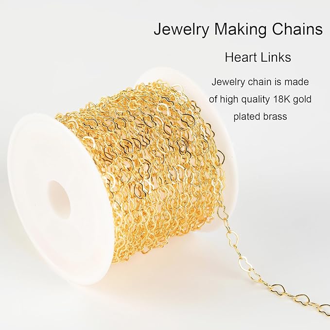 Jabogrii 16.4 Feet Heart Jewelry Chains 18K Gold Plated Brass Chain for Jewelry Making Women Necklace Bracelet DIY Craft Chain Bulk