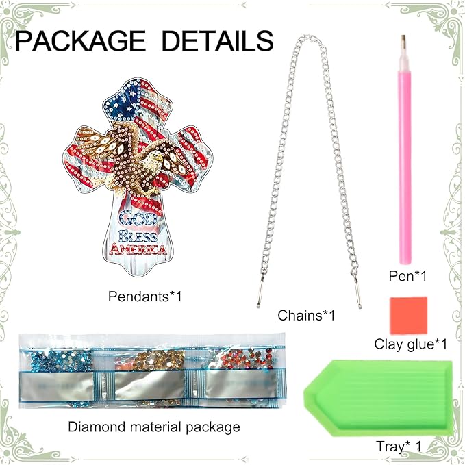 God Bless America Diamond Painting Hanging Ornament - Patriotic Cross with Eagle & American Flag - DIY 5D Diamond Art Kit with Chain - Independence Day Home Decor - Handmade Beaded Sun Catcher Gift