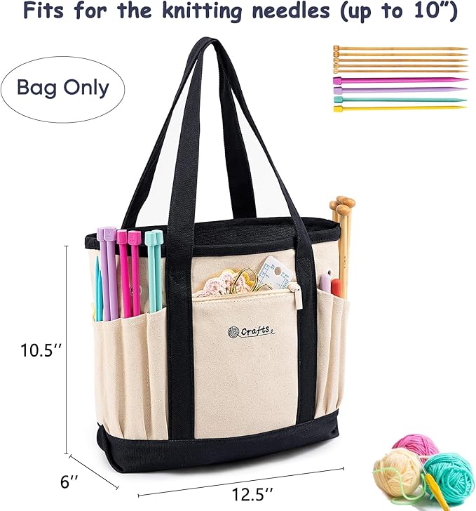 Canvas Yarn Storage Organizer Bag Washable Crochet Bag with Pockets for Yarn, Hooks, Needles – Travel Knitting Tote for Crafters – Gift for Crocheters & Knitters (Medium/Large)