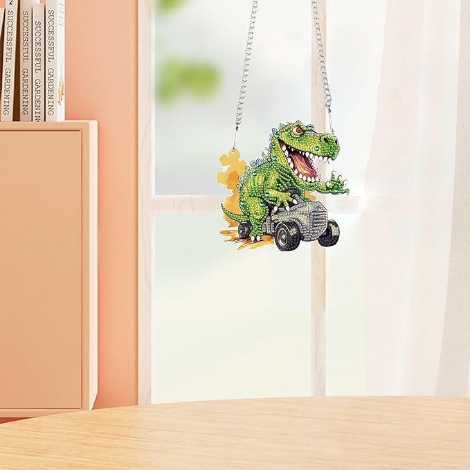 AiYuanzsh Diamond Painting Hanging Pendant Kit - Dinosaur Driving Car 5D Diamond Painting Kits for Adults - Crystal Rhinestones Diamond Art Pendant for Door Wall Window Home Xmas Halloween Decor