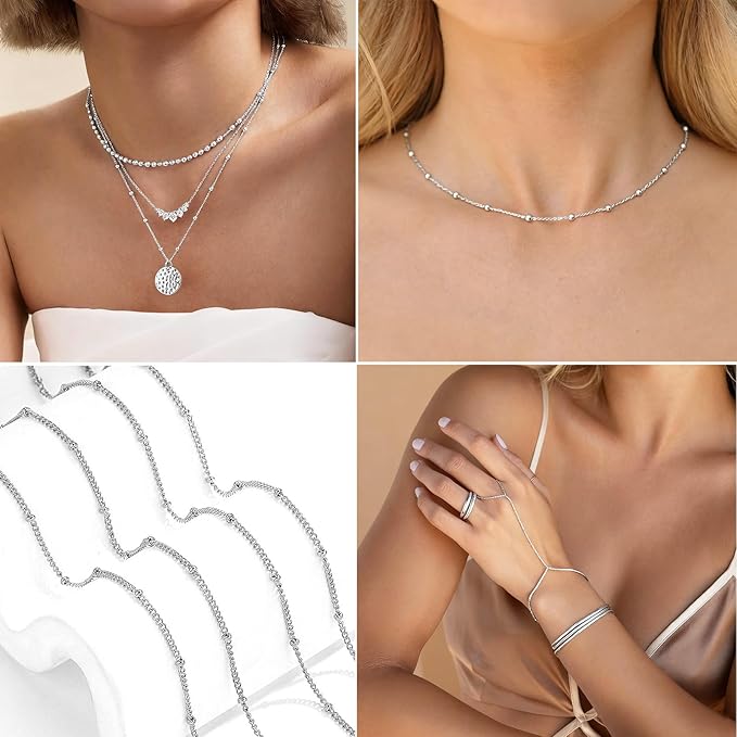 16 Ft Stainless Steel Bead Chain for Jewelry Making, 1.6 mm Thin Silver Ball Beaded Cable Link Chains Roll for DIY Necklace Bracelet Jewelry Making Supplies with Lobster Clasps Soft Tape Measure