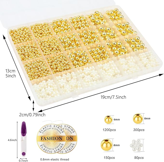 1740 Pcs Gold Beads for Jewelry Making Pearl Flower Beads for Bracelet Making Kit Mixed Sizes Gold Bracelet Spacer Bead Charms Necklace Earrings DIY Craft for Women Adult Small Bead for Crafts