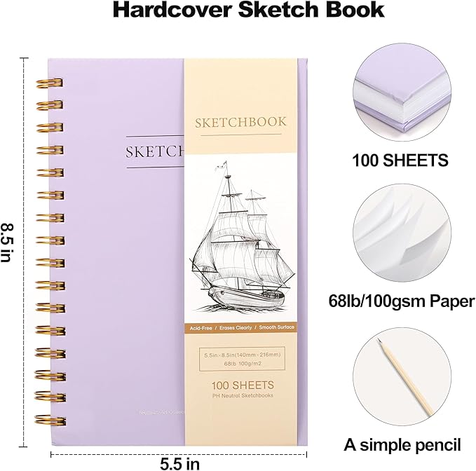 2 Pack Sketch Book Small Sketchbook for Drawing 100 Sheets Hardcover Spiral Sketch Pad for Kids 5.5" x 8.5" Art Sketchbook Drawing Blank Paper Book for Beginner Artist with Pencil