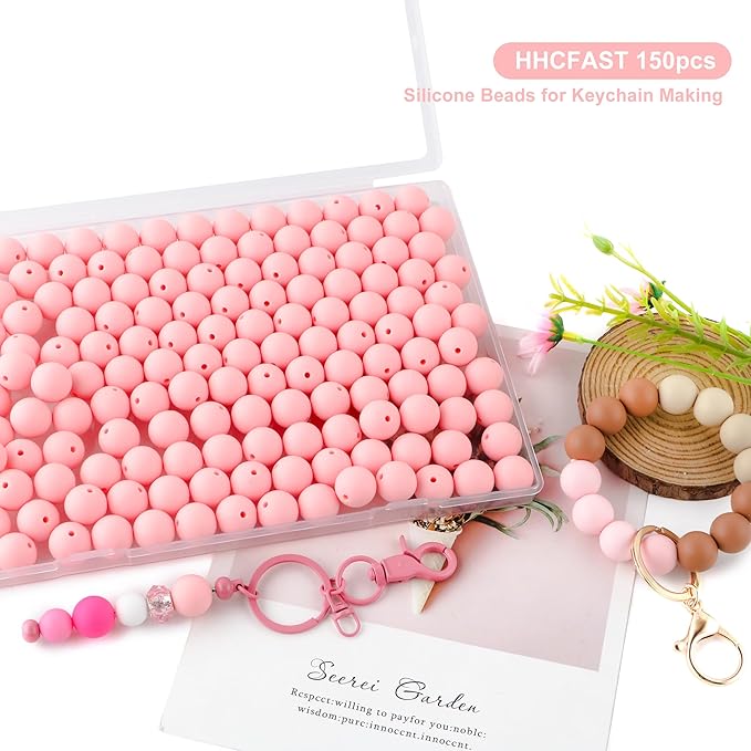 150Pcs 15mm Silicone Beads for Keychain Making Bracelet Necklace, Bulk Round Silicone Beads for Pens(Candy Pink)
