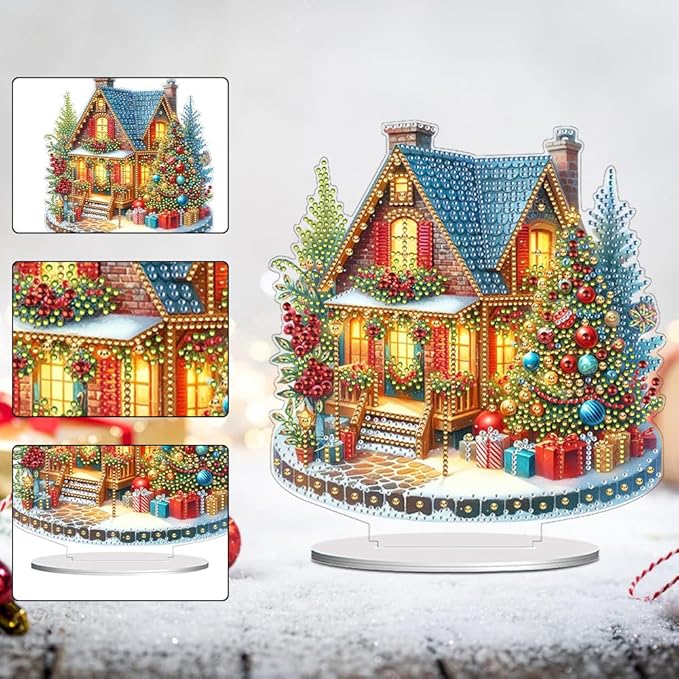 LAKEQUILL Christmas Diamond Painting Kits, House Tabletop Ornament, Stand Up Diamond Art Desktop Kits for Home Office Decor, New Year Gift