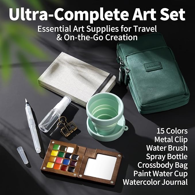 Mini Watercolor Paint Set, All-in-One 15-Color Walnut Wood Travel Kit with Crossbody Bag, Watercolor Journal, Metal Clip, Water Cup, Water Brush, Portable Pocket Art Set for Adult Art Lovers (Green)