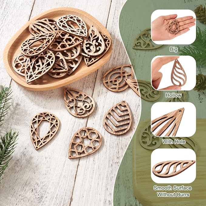 Elecrelive 100pcs Wood Earring Blanks Filigree Teardrop Pendants Unfinished Wooden Cutout Craft Wood Pieces for DIY Jewelry Making Hanging Ornaments