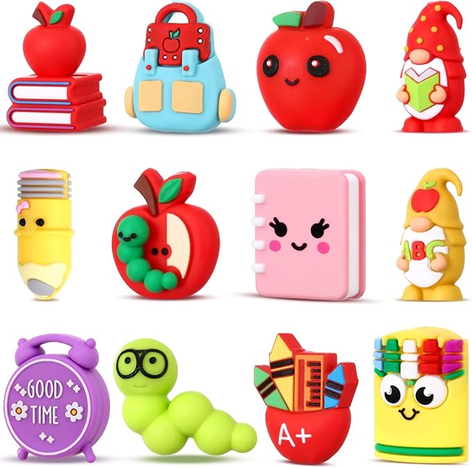 12 Pcs Back to School 3D Silicone Focal Beads for Pens Teacher Character Beads Bulk Funny Apple Pens Pencil for Keychain DIY Crafts Necklace Bracelet Lanyards Making Kit Supplies