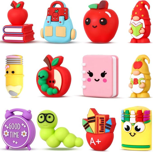12 Pcs Back to School 3D Silicone Focal Beads for Pens Teacher Character Beads Bulk Funny Apple Pens Pencil for Keychain DIY Crafts Necklace Bracelet Lanyards Making Kit Supplies