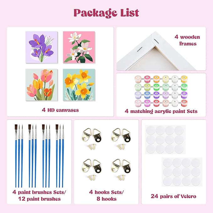 MXJSUA 4 Pack Tulips Flowers Framed Paint by Numbers Kit with Canvas for Adults Beginner, DIY Acrylic Oil Painting Kits with Brushes for Home Wall Decor Gift (8x8 inch)