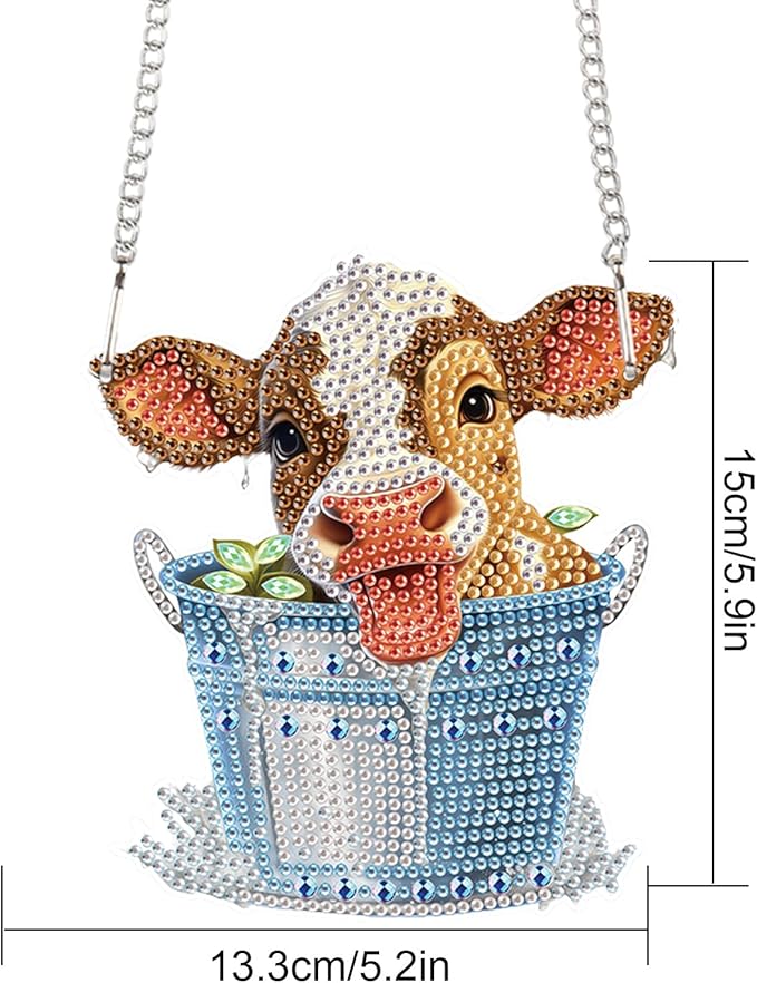AiYuanzsh Cow in Barrel Diamond Art Hanging Pendant Kit, 5D DIY Acrylic Special Shaped Rhinestone Diamond Painting Ornament for Wall, Door, or Garden Decoration, Handmade Craft Gift for Adults