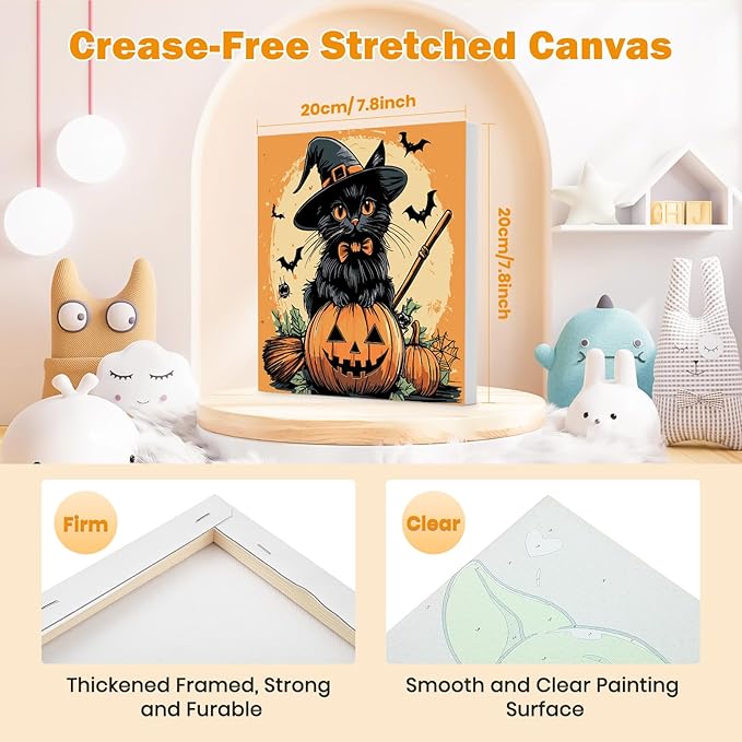 Bowetile 4 Pack Halloween Framed Paint by Numbers for Adults, Black Cat Paint by Numbers for Kids Ages 8-12 on Canvas, Easy Acrylic Cartoon Number Painting Halloween Gifts for Home Wall Decor, 8x8in