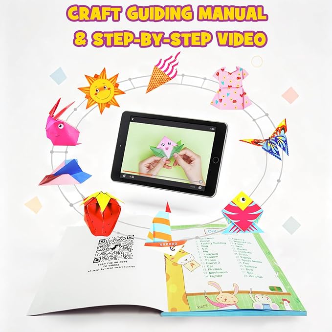 Pigipigi Kids Craft Origami Paper Kit for Kids Ages 5-8 8-12, with Guiding Book, 208 Sheets DIY Art and Crafts Supplies, Colorful Folding Papers Set Projects Gifts Activity for Boy Girl Toys(Cartoon)