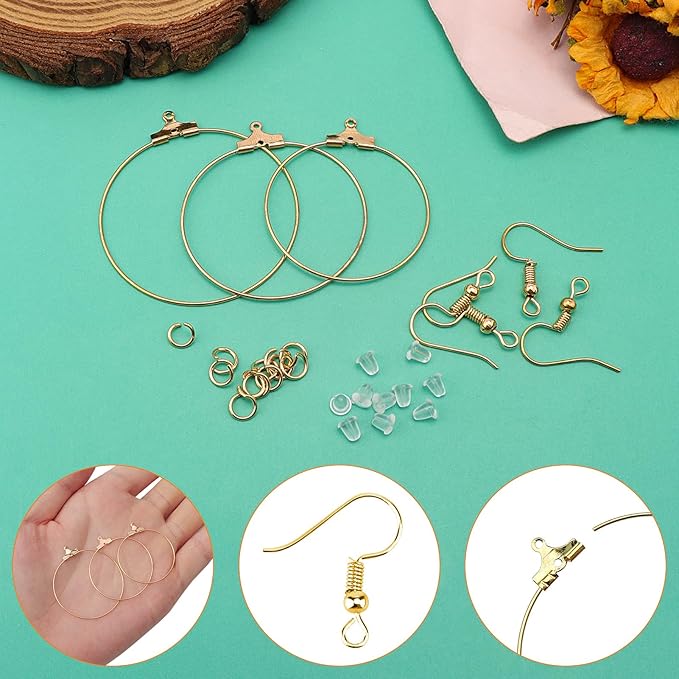280pcs earring making kit jewelry making supplies bulk earring findings with round beading hoops,earring hooks,jump rings,earring backs for diy craft earring jewelry making(k gold)