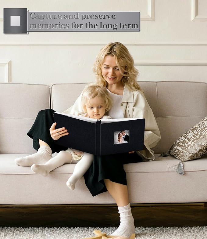 Photo Album Self Adhesive Scrapbook Album for 3x5 4x6 5x7 8x10 Pictures,40 Pages Linen Cover with Display Window DIY Photo Book,Ideal Gifts for Family Travel Wedding Baby