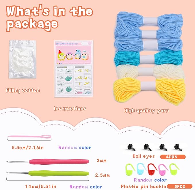 IMZAY Crochet Kit for Beginners, Beginner Animal Crochet Kit, Cute Crochet Starter Kit with Video Tutorial, Crochet Hooks, Colored Yarns, Stitch Marker Complete Crochet Set to Make Blue Penguin