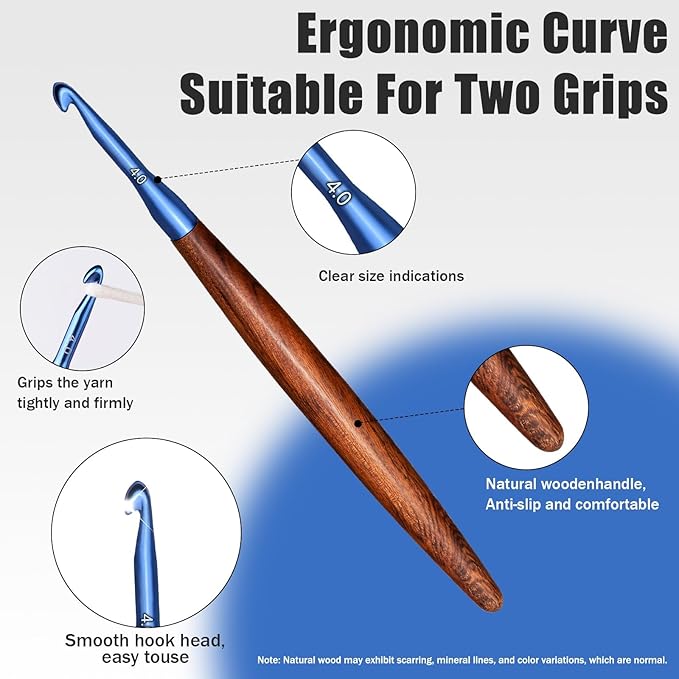 Giwrmu Crochet Hooks, 4mm Ergonomic Crochet Hook, Available in 3mm-7mm, Colored Aluminum Crochet Hook with Wooden Handle Crochet Needle for Crocheting Yarn
