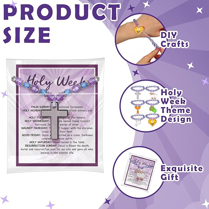 Liliaafar 24 Sets Easter Crafts Holy Week Bead Bracelet Craft Kits with Card Easter Party Favors DIY Holy Week Sunday Beaded Gifts Religious Christian Bracelet Kits for Spring Art Gifts