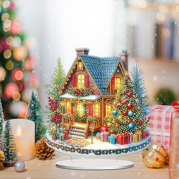 LAKEQUILL Christmas Diamond Painting Kits, House Tabletop Ornament, Stand Up Diamond Art Desktop Kits for Home Office Decor, New Year Gift