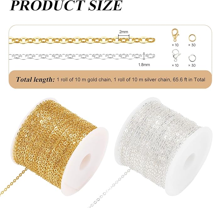 Crisjanggo 2 Rolls Total 65.6 Feet Chain for Jewelry Making Gold and Silver Stainless Steel Cross Chains Bulk with Jump Rings and Lobster Clasps for Bracelet Necklace DIY Supplies