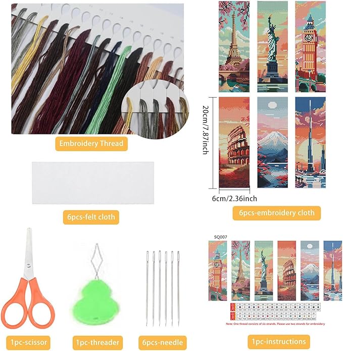 NEGEKFKX 6 Pcs Cityscape Cross Stitch Bookmark Kit for Adult Beginners,Famous Buildings Cross Stitch Kits 14 CT DIY Crossstitch Kits Adult Stamped Bookmark Embroidery Bookmarks Kit