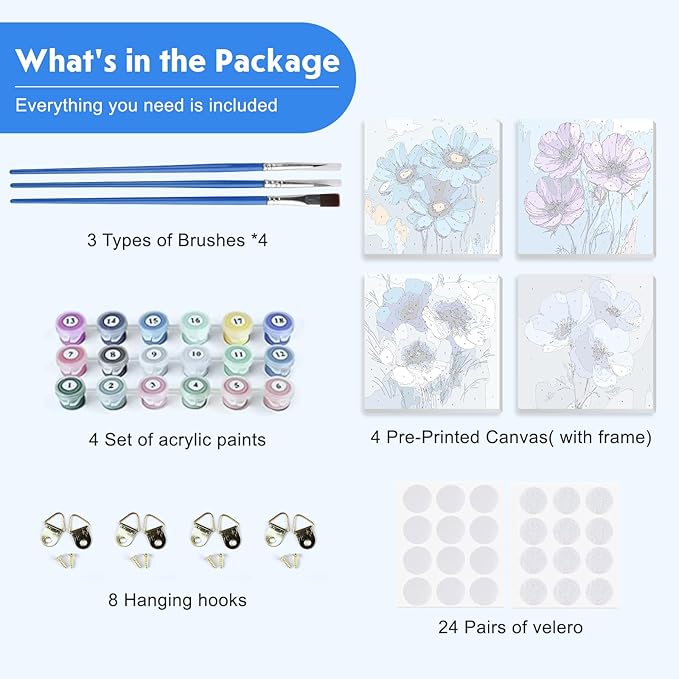NEWENMO 4 Pack Paint by Numbers for Adults with Wooden Framed, Blue Flowers, Paint by Number Kits on Canvas for Beginner, DIY Acrylic Oil Painting Kits for Home Decor 8x8 inch, Beautiful Flowers