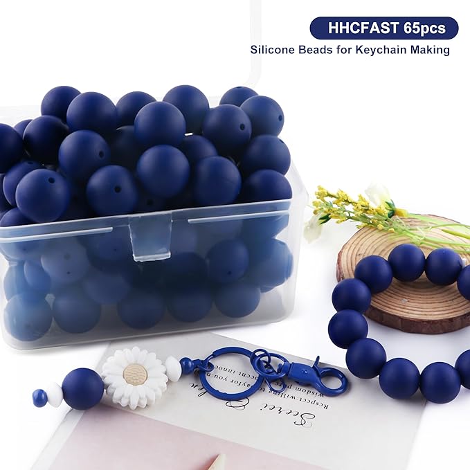 65Pcs 19mm Silicone Beads for Keychain Making Bracelet Necklace, Bulk Round Silicone Beads for Pens(Navy Blue)