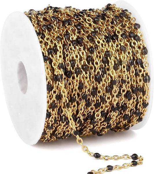33 Feet Gold Enamel Chains Bulk, 2mm 18K Gold PVD Plated 304 Stainless Steel Black Enamel Beaded Cable Link Chain Roll Spool for Jewelry Making
