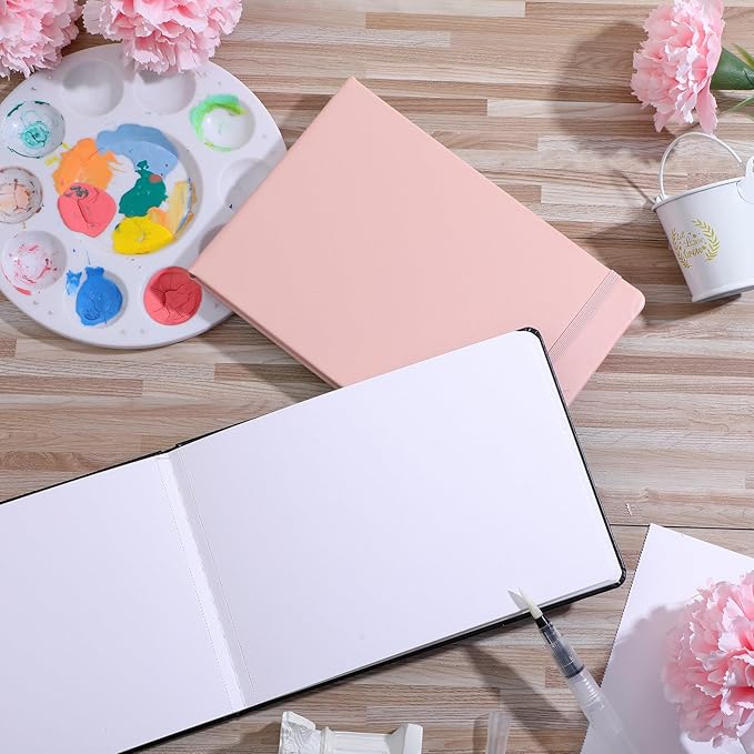 Teling 2 Pcs Watercolor Sketchbook with 3 Brush Pens, 140lb/300gsm Paper, Small Portable Travel Watercolor Journal, Pocket Notebook with Folding Pockets, Tear Away Pages with Dotted Line(7.6" X 5.3")