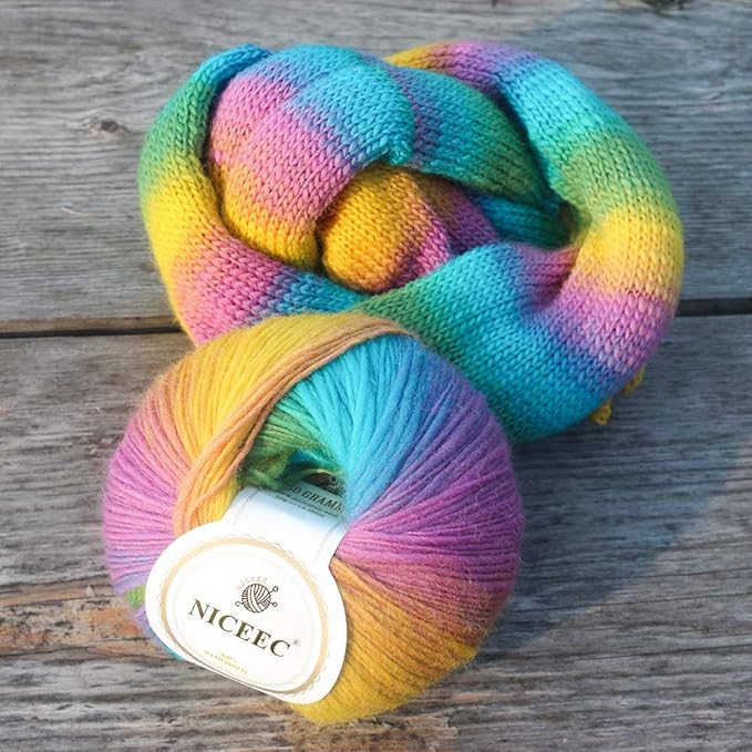 2 Skeins Rainbow Soft Yarn 100% Wool Gradient Multi Color Yarn for Crocheting Knit Total Length 180m×2(196yds×2,50g×2)-24