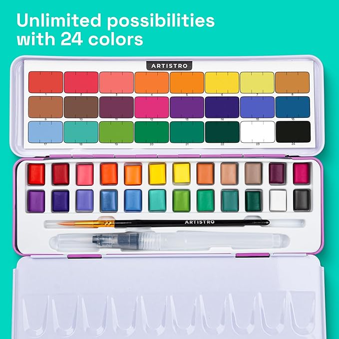 ARTISTRO 24 Color Watercolor Paint Set - Portable Paint Art Kit with Palette and Brush Pens - Travel Water Color Set for Adults, Professionals, Kids - Art and Painting Supplies - Gift Idea
