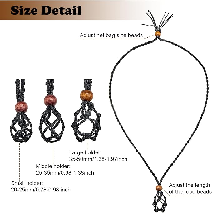 Hicarer 6 Pieces D20 Necklace Cord Empty Stone Holder Empty Necklace Holder Quartz Crystal Stone Cord, 3 Sizes Adjustable Cage Fish Netted for DIY Jewelry Making(Black)
