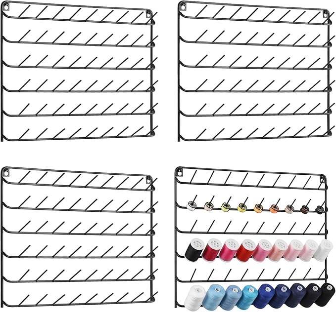 YBING Thread Holder Wall 54 Spools Sewing Thread Rack Wall Mount Embroidery Spool Organizer Metal Sewing Thread Organizer with Hanging Tools for Quilting Braiding Hair Black 4 Pack