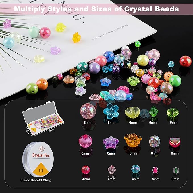 650 Pcs Crystal Beads for Jewelry Making,Sparkly Crystal Acrylic Bead DIY for Bracelets Craft Earrings Necklaces Making,Assorted Rondelle/Heart/Flower/Star Bulk Beads with Elastic String and Box