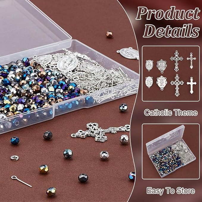PH PandaHall 726pcs Rosary Jewelry Making Kit Prayer Making Supplies Crystal Glass Beads AB Color Loose Beads Cross Pendants Link Charms for Easter Ramadan Jewelry Making Necklace Bracelet Earring