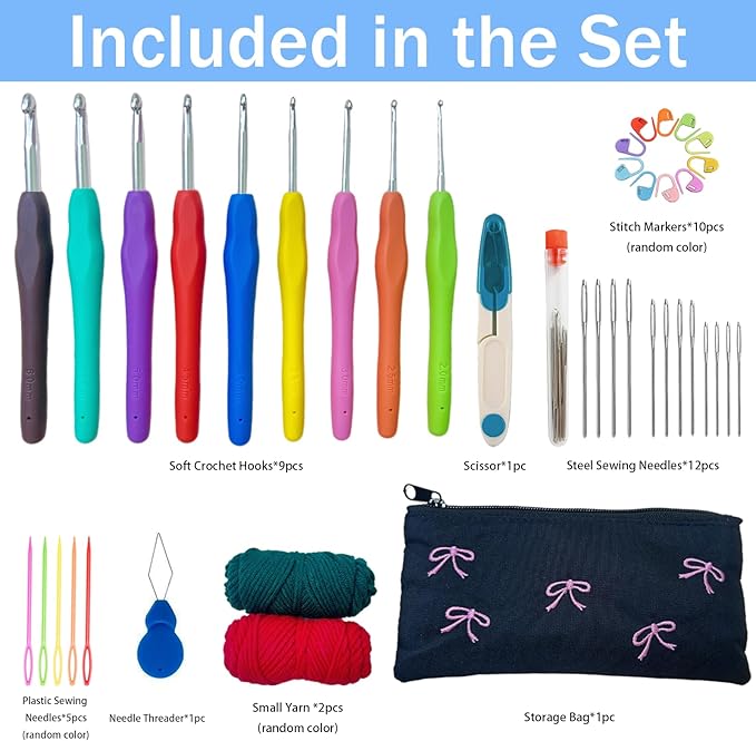 Crochet Hooks Set,Crochet Needles with Case Yarn,Ergonomic Crochet Hooks with Soft Grip Handles,9 Sizes from 2mm-6mm,Crochet Kit for Beginners DIY Dolls Bags Clothes Blanket Handmade Flowers (Bow)