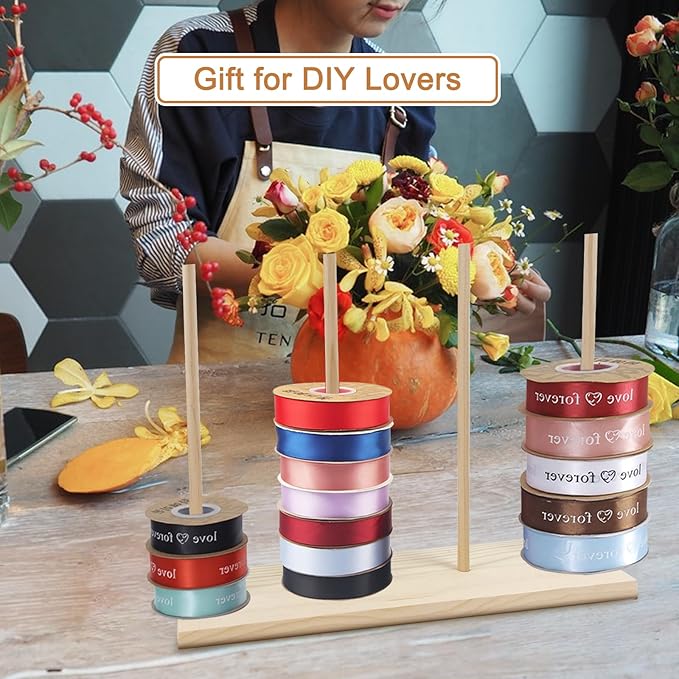 Wooden Ribbon Rack Storage, 2 Pcs Ribbon Organizer Spool Holders, Washi Tape Organizer Wire Spool Stand Holder for Sewing Craft Mesh Thread Tape Wreath Crochet Roll Florist Arts Wrapping Gift