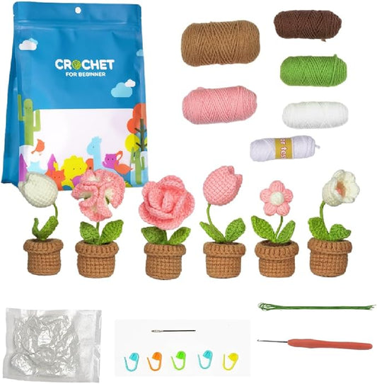 Crochet Set - Beginner Friendly Crochet Set with Step-by-Step Teaching Videos and Crochet Pattern Manuals (Pink Small Potted Plant)