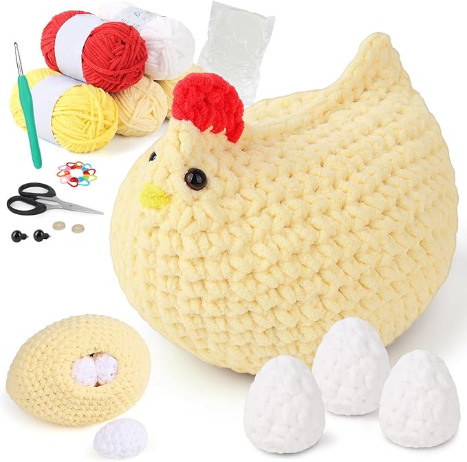 Coopay Crochet Kit for Beginners, Egg-Laying Mama Hen, Easy Chicken Crochet Kit with Step-by-Step Video Tutorial, Cute Crochet Animals Kit for Adults, Easter Gifts, Chenille Yarn, 1 Chicken+3 Eggs