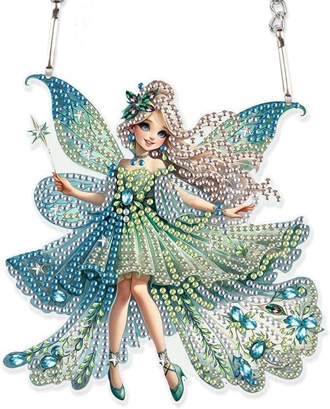 AiYuanzsh Green Butterfly Fairy Diamond Art Painting Hanging Pendant Kit Special Shaped Diamond Dots Art Acrylic Ornaments Diamond Art Painting Pendant for Adult Home Wall Window Decor Gift