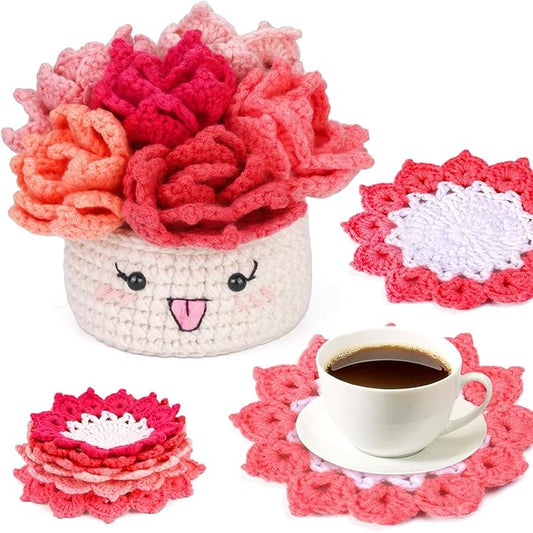 Hssugi Crochet Kit for Beginners, 6PCS Crochet Starter Kit, Potted Plant Coasters Crochet Kit with Step-by-Step Video Tutorials, Crochet Hooks, Learn to Crochet Kits for Adult Beginners