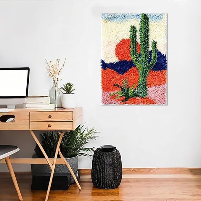 KitsMaster Desert Sunset Latch Hook Rug Kit for Adults –Southwest-Inspired Cactus Design, Pre-Printed Canvas & Pre-Cut Yarn, Gifts & Relaxation, 23.6''x15.8'' (Sunset Cactus)