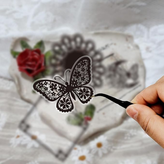 130 Pcs Vintage Black White Lace Scrapbook Stickers - Classic Butterfly Feather Heart Embellishments for DIY Journal Wedding Photo Album Craft Decor, Fade-Resistant Waterproof Reusable