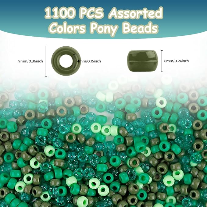 anpiwshjo pony beads 1100 pcs, beads for jewelry making, beads for bracelets making, hair beads, bracelet beads, plastic beads for crafts, hair beads for braids for girls (green color scheme)
